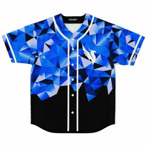 Blue black low poly geometric jersey with white piping and winged chest emblem, front view