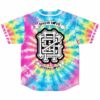 Rainbow tie-dye sunburst jersey back with SHOW LOVE and SPREAD LOVE banner text