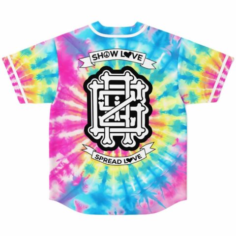 Rainbow tie-dye sunburst jersey back with SHOW LOVE and SPREAD LOVE banner text
