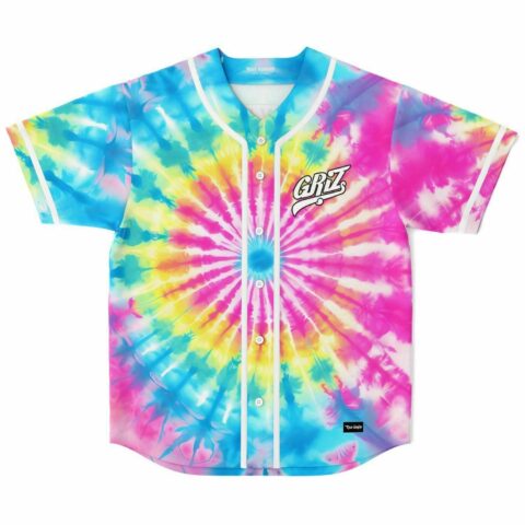 Rainbow tie-dye sunburst jersey front with readable GRiZ chest logo and white trim