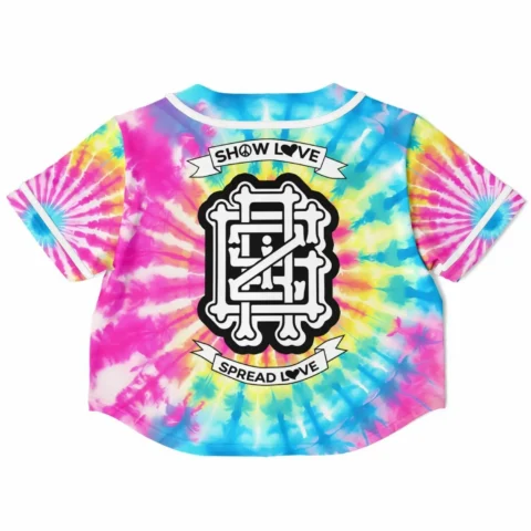 Back view of cropped tie-dye jersey with bold graphics