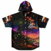Psychedelic surreal hooded jersey with geometric linework, butterflies, and glowing sunset landscape in front view