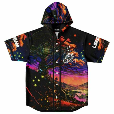 Psychedelic surreal hooded jersey with geometric linework, butterflies, and glowing sunset landscape in front view