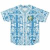Sky blue geometric glyph pattern jersey with button front and wreath emblem, front view