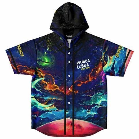 Cosmic galaxy hooded jersey front view with “WUBBA LUBBA DUB DUB!” text and nebula clouds