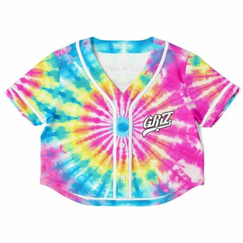 Cropped rave top with vibrant tie-dye pattern, front view