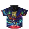 Cosmic galaxy jersey back view with yellow one-eyed creature, two cartoon figures, and starry sky