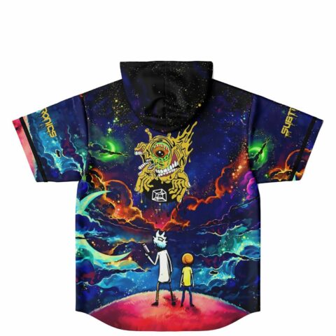 Cosmic galaxy jersey back view with yellow one-eyed creature, two cartoon figures, and starry sky