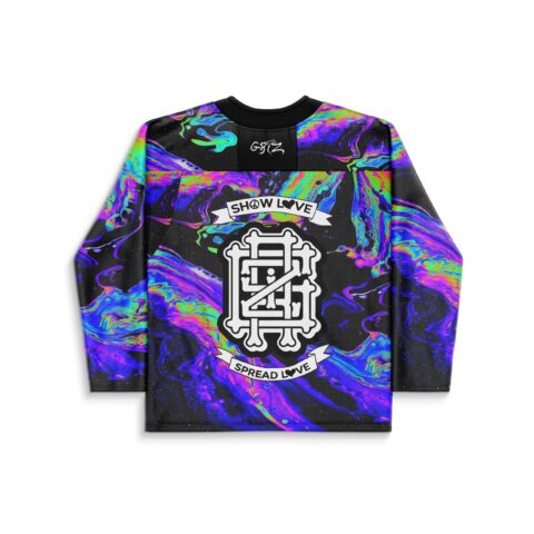 Neon psychedelic oil-swirls cover the back, featuring "SHOW LOVE," "SPREAD LOVE," and a central emblem