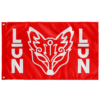 Bright red flag with white stylized fox and vertical LUN text, front product view