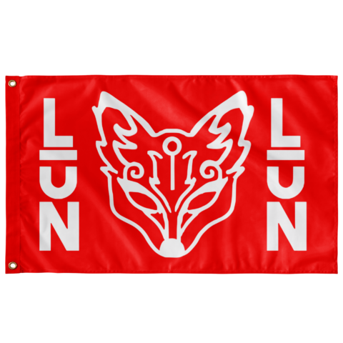 Bright red flag with white stylized fox and vertical LUN text, front product view