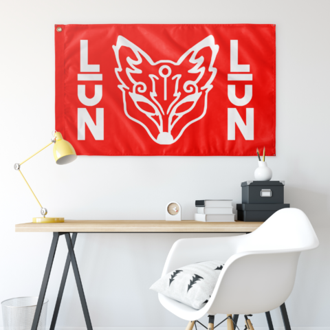 White stylized fox emblem and vertical LUN text on bright red flag, wall display