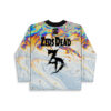 Iridescent oil slick swirl back view featuring readable “ZEDS DEAD” text and black dripping graphic