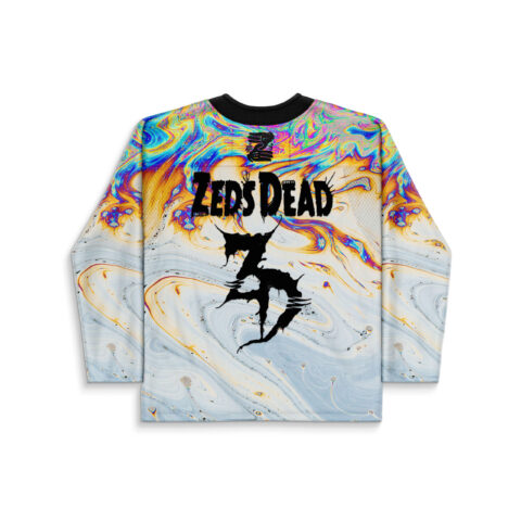 Iridescent oil slick swirl back view featuring readable “ZEDS DEAD” text and black dripping graphic