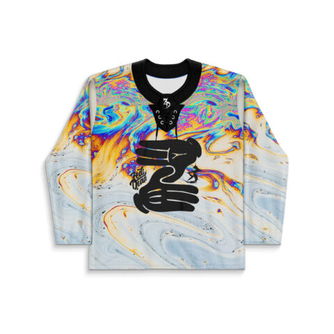 Iridescent oil slick swirl front view with black hand graphic and readable “Zeds Dead” text