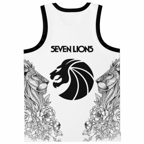 Back view with a bold black lion emblem, floral lion illustrations, and SEVEN LIONS text