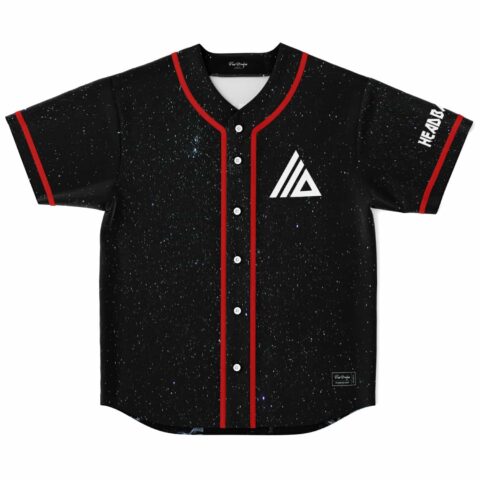 Black starfield front with red piping, geometric chest logo, and white HEAD sleeve lettering