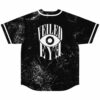 Black distressed grunge pattern with large “VEILED EYE” back print, rear view on white background