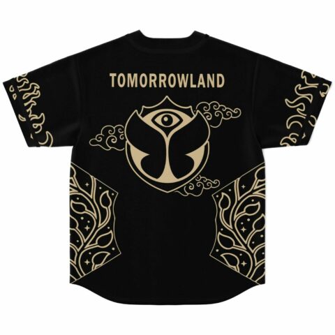 Black back view with gold eye emblem, ornate botanical panels, and TOMORROWLAND text
