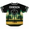 Green-and-gold blurry corridor jersey back view with ODESZA, geometric emblem, GOODBYE, and A MOMME