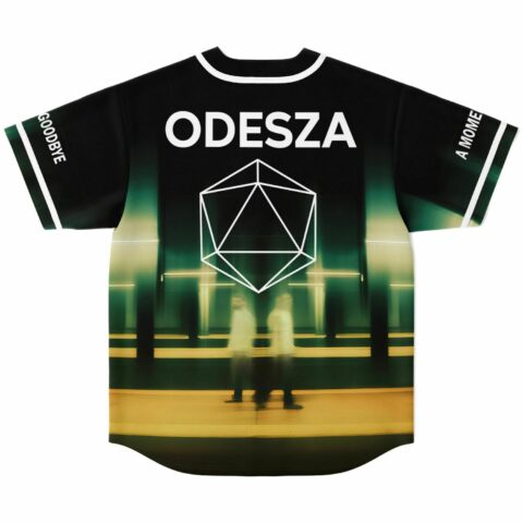 Green-and-gold blurry corridor jersey back view with ODESZA, geometric emblem, GOODBYE, and A MOMME