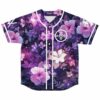 Purple dense floral rave baseball jersey front view with white button placket and circular emblem