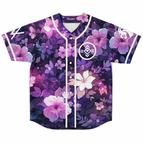 Purple dense floral rave baseball jersey front view with white button placket and circular emblem