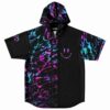 Black hooded baseball jersey with neon paint splatter print and dripping smiley pocket graphic