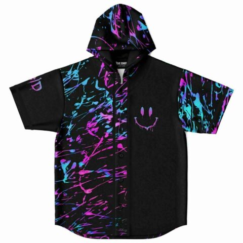 Black hooded baseball jersey with neon paint splatter print and dripping smiley pocket graphic