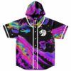 Hooded baseball jersey with oil-slick psychedelic swirl print and white lion crest, front view
