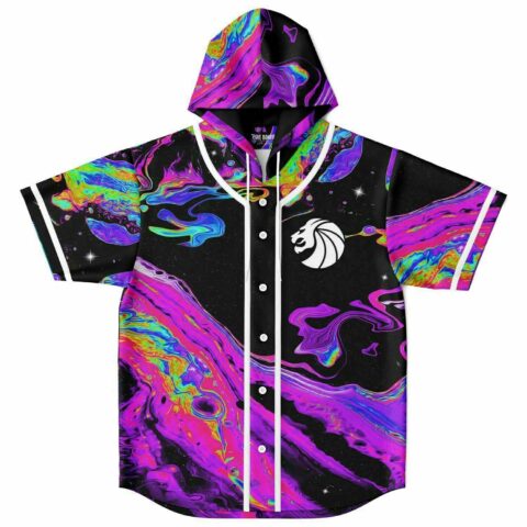 Hooded baseball jersey with oil-slick psychedelic swirl print and white lion crest, front view