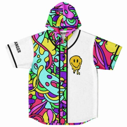 Front view of abstract psychedelic pattern with dripping smiley chest graphic and ANGER sleeve text
