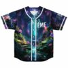 Front view of EMF Glowing Forest rave baseball jersey with glowing river path
