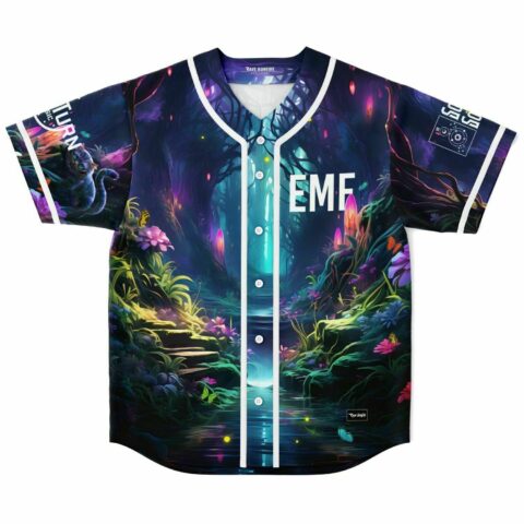 Front view of EMF Glowing Forest rave baseball jersey with glowing river path