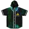 Green galaxy print hooded baseball jersey with bass-inspired melting eye monster graphic and dripping text