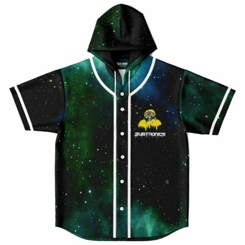 Green galaxy print hooded baseball jersey with bass-inspired melting eye monster graphic and dripping text