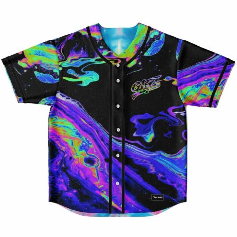 Neon galaxy swirl print jersey in black with holographic liquid pattern and GRiZ script