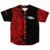 Red black tribal print rave baseball jersey front view with HASH BBC logo on chest