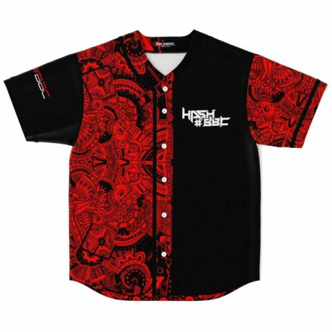 Red black tribal print rave baseball jersey front view with HASH BBC logo on chest