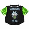 Back view of the rave cropped baseball jersey with colorful character graphic and text design