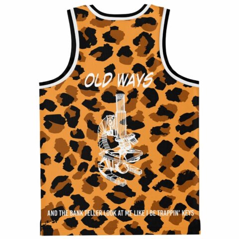 Orange leopard print rave basketball jersey back view with Old Ways text and microscope graphic