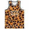 Orange leopard print rave basketball jersey front view with white crown graphic and black trim