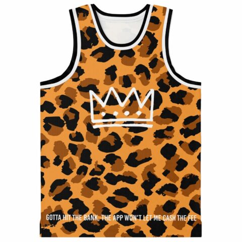 Orange leopard print rave basketball jersey front view with white crown graphic and black trim