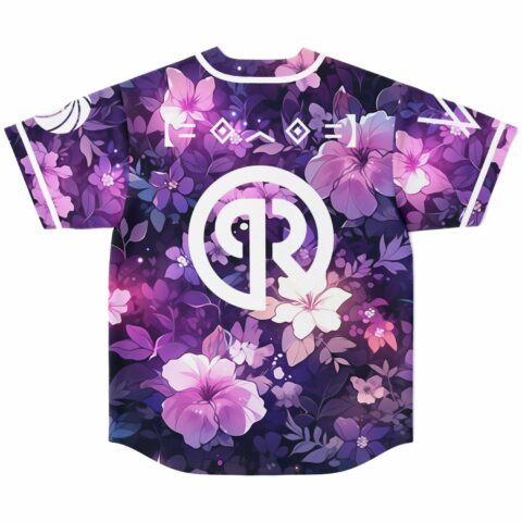 Purple floral rave baseball jersey back view with bold R emblem and glowing hibiscus print