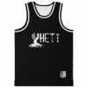 Black rave basketball jersey front with YHETI wordmark and tree root graphic and wing emblem