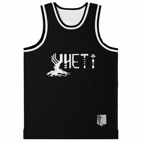 Black rave basketball jersey front with YHETI wordmark and tree root graphic and wing emblem