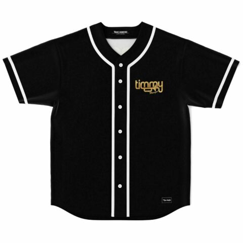 Black rave baseball jersey with gold glitter timmy script chest logo front view