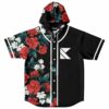 Front view of black hooded jersey with rose and magnolia floral panel white pinstripes