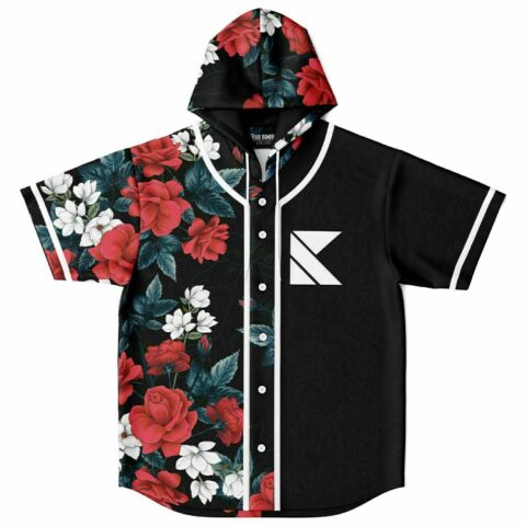Front view of black hooded jersey with rose and magnolia floral panel white pinstripes