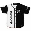 Zomboy black white split baseball jersey front with X skull-eye logo flat lay